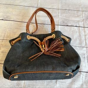 Michael Kors Marina Hobo Shoulder Handbag Purse Medium Blue Brown With Tassels